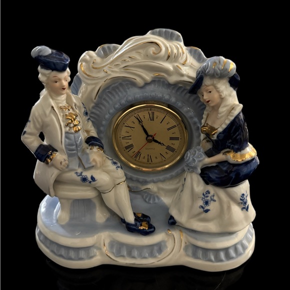 Vintage Victorian Lady And Man Porcelain Quartz Clock Hand Painted Gold Gilt - Picture 1 of 3
